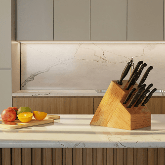 Interior of a kitchen with painted Alaskan Yellow Cedar cabinets