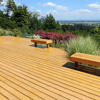Exterior image of a deck with Alaskan Yellow Cedar lumber decking