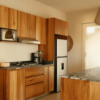 A kitchen with richly stained Douglas Fir cabinets