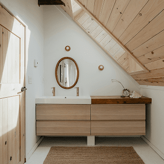 Interior of bathroom with Western Red Cedar paneling on ceiling